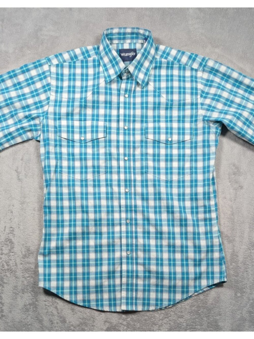 Wrangler Pearl Snap Button Front Shirt Mens Medium Blue Plaid Western Rodeo